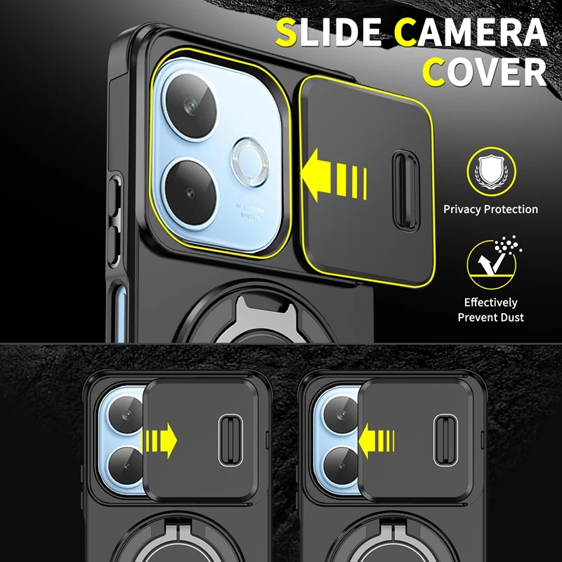 Slide Camera Lens Armor Phone Case with Magnetic Holder Ring and Protective Cover