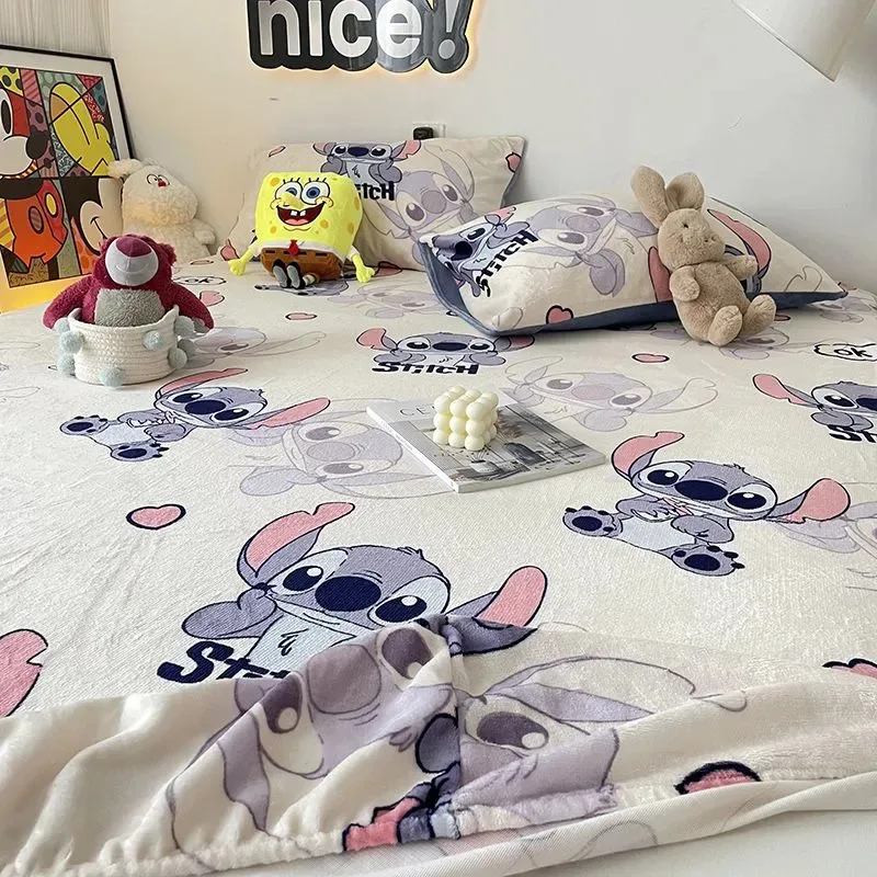Cute Cartoon Stitch Plush Fuzzy 3 Pcs Bed Sets Winter Thickened Velvet Bed Cover Queen Size Fitted Sheet and 2 Pcs Pilowcases