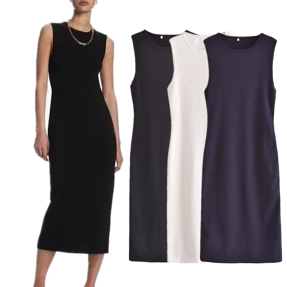 

Jenny&Dave 2024 French Solid Color Sleeveless Slim Midi Dress Ladies Autumn Fashion Simple New Women's Knitted Dress