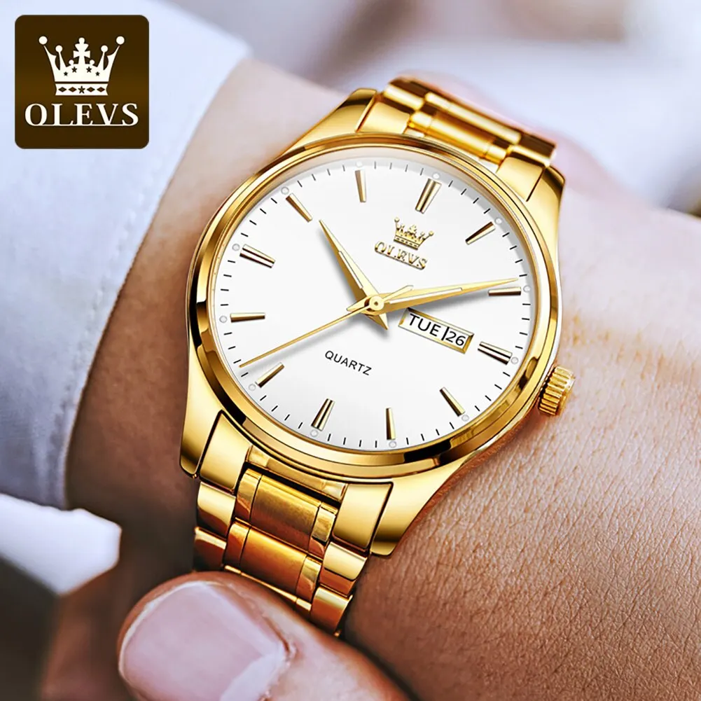 OLEVS-Montres-bracelets classiques en or pour hommes, montre-bracelet à quartz étanche, acier inoxydable Shoous, marque supérieure, date d'affaires de luxe