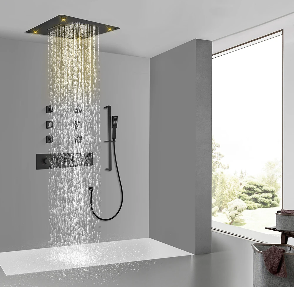 

Upgrade Bathroom faucet 580x500 Thermostatic Shower Set, Featuring Concealed Rainfall Showerhead, Mixing Valve, and Wall Jets