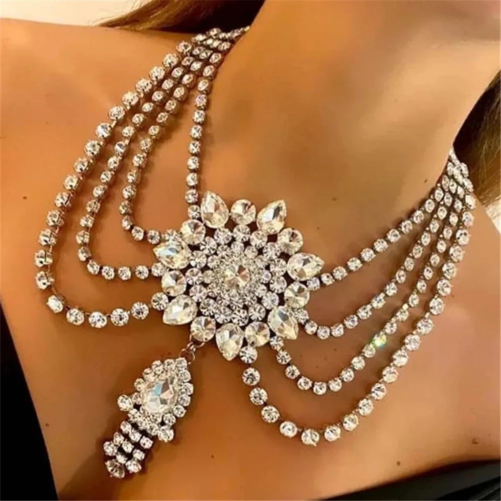 

Gorgeous Wedding Bridal Rhinestone Big Flower Pendant Statement Necklace for Women Luxury Crystal Tassel Choker Necklace Jewelry