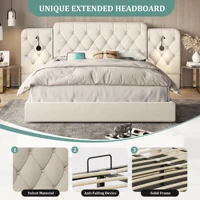 Современный каркас кровати LVHOM 160 x 200 см с длинным изголовьем, бархатной тканью, USB-портами и местом для хранения. — изображение 5