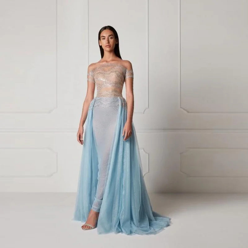 

Sexy Sheer Tulle Prom Gowns Lace Beaded Off The Shoulder Gorgeous Special Occasion Formal Dresses Dubai Sky Blue Party Dress