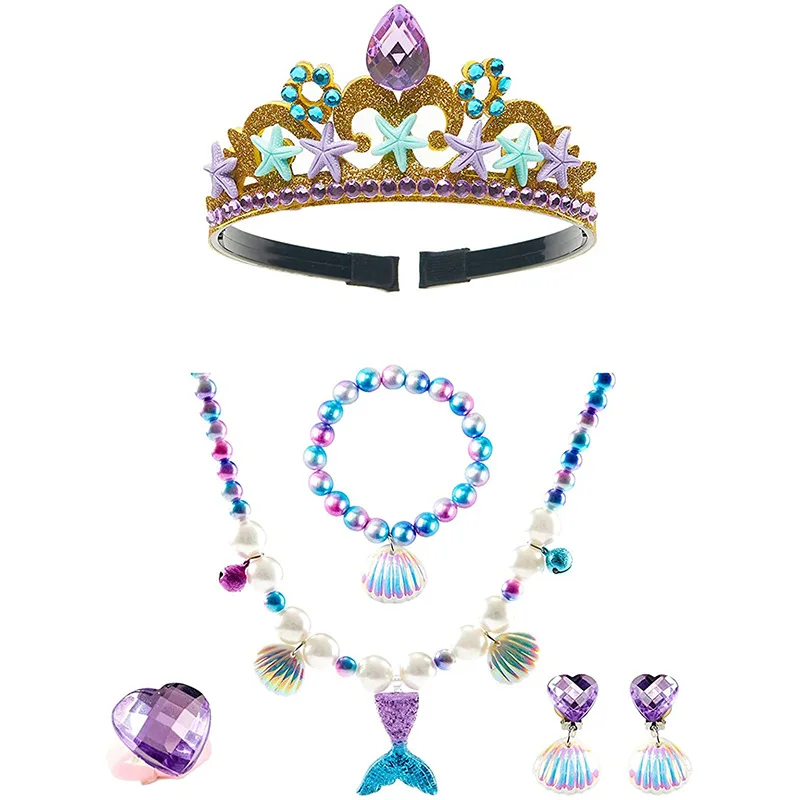 Accesorios de sirena para niñas, joyería temática de mar para vestido de Cosplay, guantes de princesa, corona, varita, pulsera de encaje, pendientes, bolsa