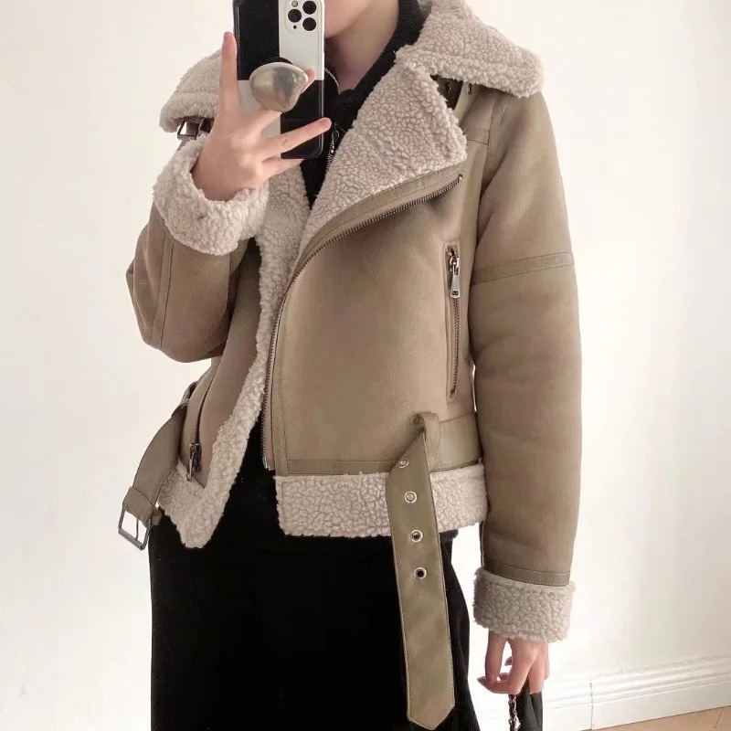 Winter Suede Jackets Women Faux Fur Lambwool Coat with Belts Casual Thick Warm Biker Jackets Zipper Oversize Leather Windbreaker bed frame brown faux suede leather 135x190 cm