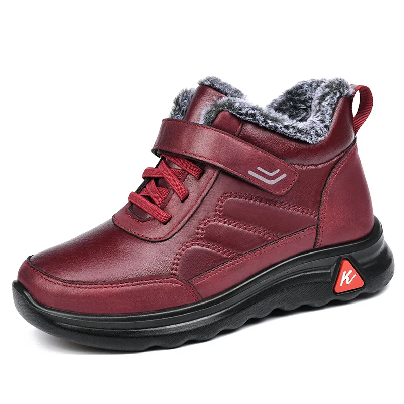 High quality short ankle snow leather boots for women round toe thickening new 2023 winter casual plush warm shoe - black red