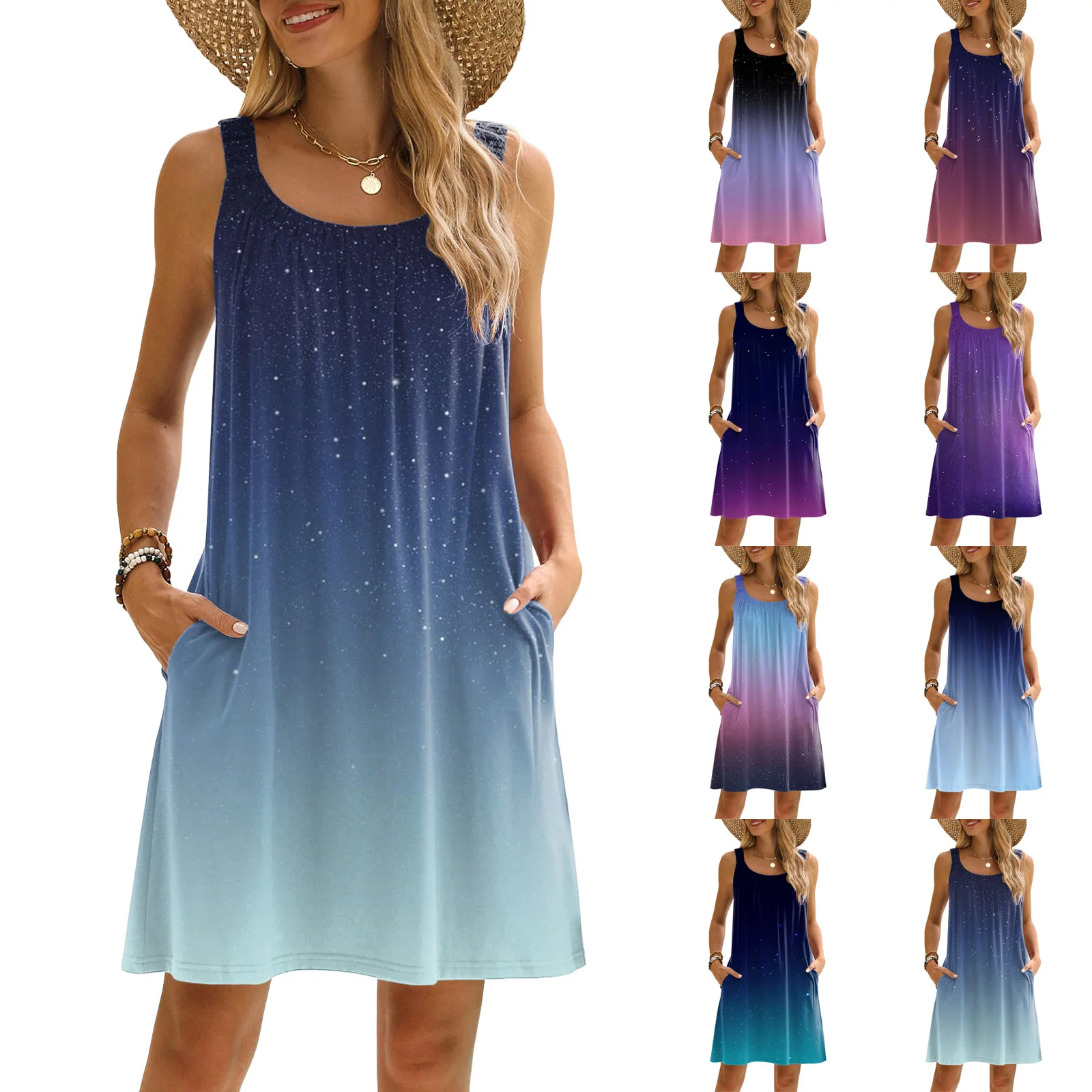 

Women Dress Summer Casual T Shirt Dress Beach Cover Up Sleeveless Vest Skirt Pocket Velour Dress for Women