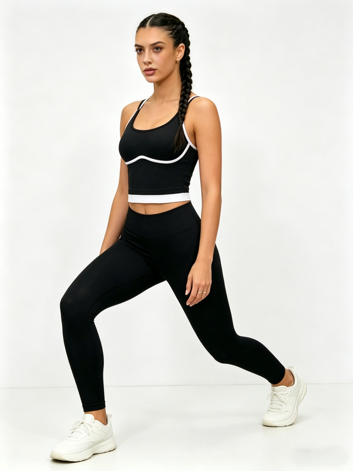  Women's Yoga Set 2 Piece Black White Contrast Sports Tank Top & High Waist Leggings Workout Gym Fitness Activewear Tracksuit 