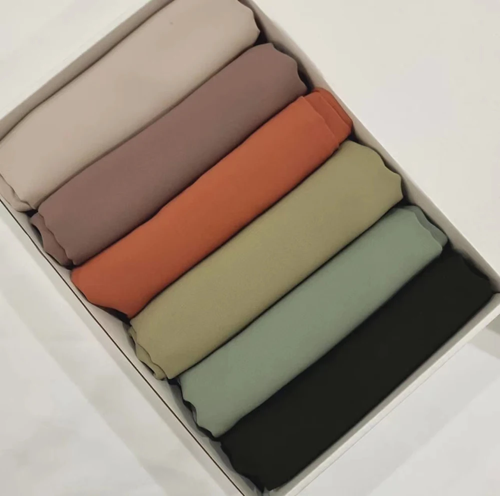 6pcs/box Premium Chiffon Hijab Scarf Wrap Solid Color Shawls Headband Muslim Hijabs with Gift Box Headscarf Foulard Femme