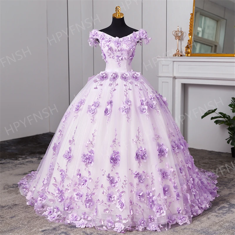 

Индивидуальное фиолетовое милое платье для девушек, бальное платье с 3D цветами, жемчугом и шлейфом, платье для дня рождения, платье принцессы, 15 лет