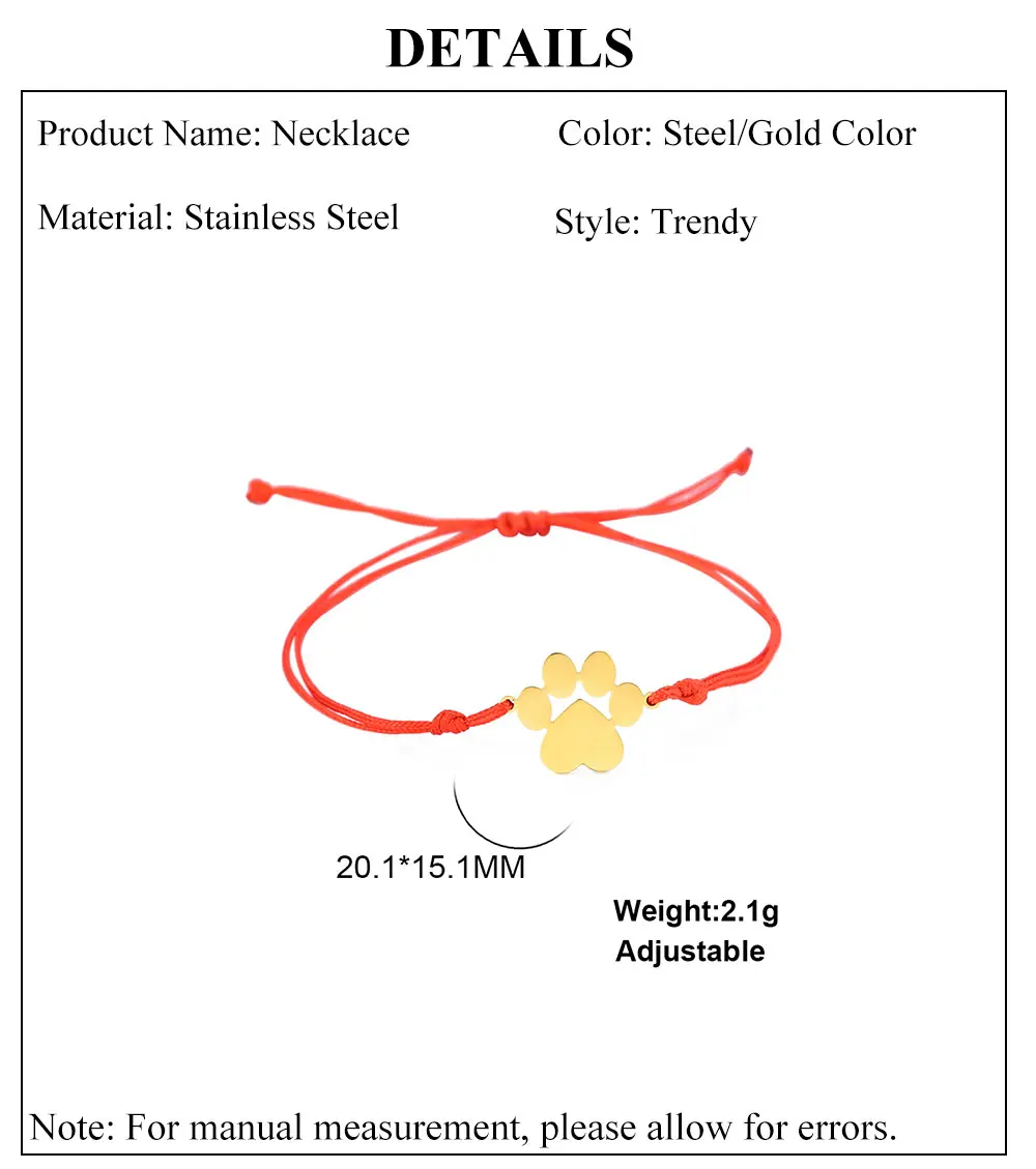 Stainless Steel Cute Animal Dog Cat Paw Charm Bracelets for Women Men Wax Rope Adjustable - PeticaDeals
