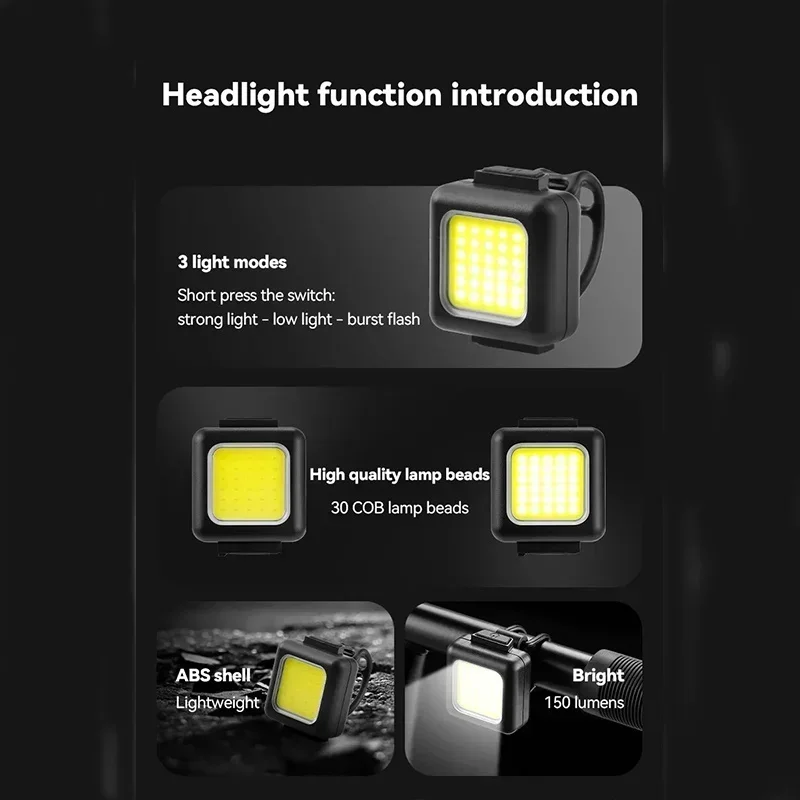 1 Pair Bicycle Front Rear Lights COB High Bright Bike Headlight Taillight USB Re