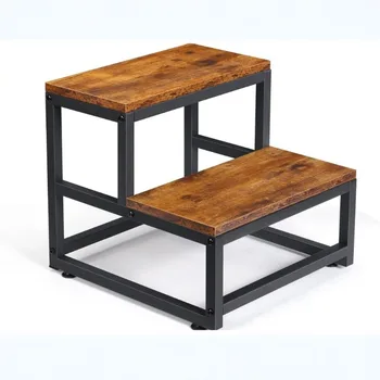 Metal Iron & Wood 2-Step Stool Sturdy Rise Footstool for Kids Household Multi-function Ladder Entryway Shoe Stool & Organizer 1