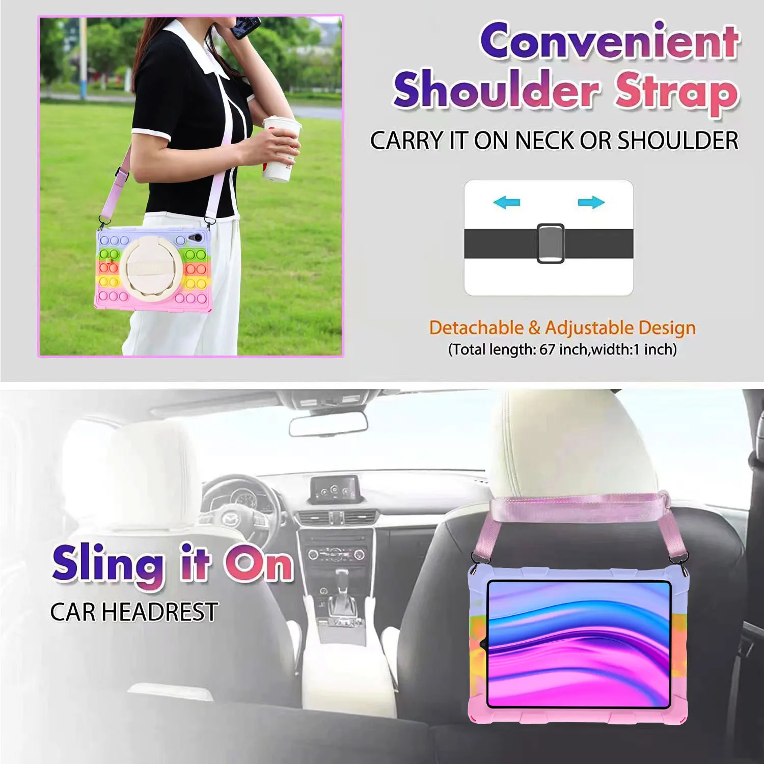 Shockproof Silicone Cartoon Bubble Kids Tablet Case with Shoulder Strap & Stylus Holder