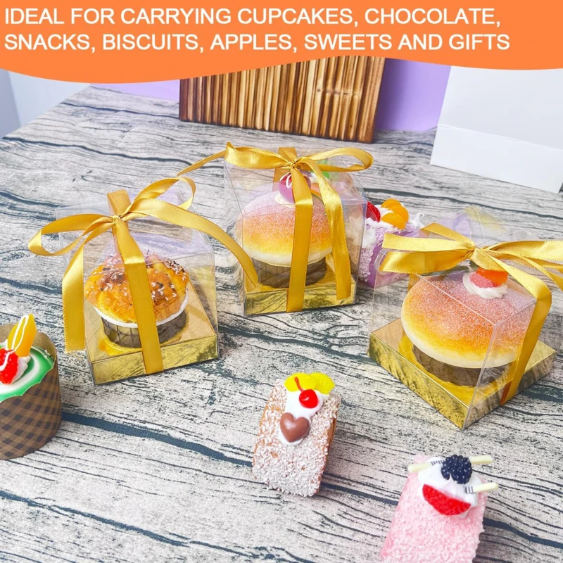 12Pcs PET Square Transparent Cupcake and Cake Boxes with Decorative Ribbons, Clear Plas... - SKU STCB1745 - UGI Packaging