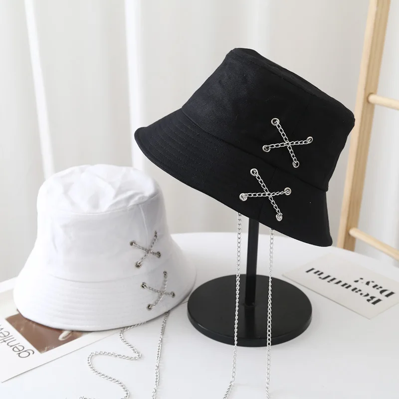 

Fisherman Hat Women Chain Streamer Fisherman Hats Solid Fashion Basin Hat Men's Hip-hop Cap Punk Retro Bucket Hat Cotton Bonnets