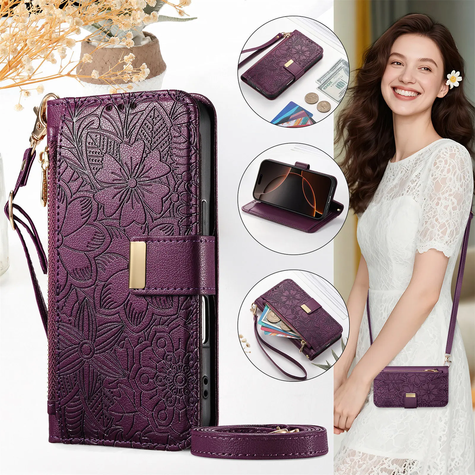 Petal Flower Leather Flip Cover Crossbody Zipper Wallet Case - Multi 6 Cards Capacity
