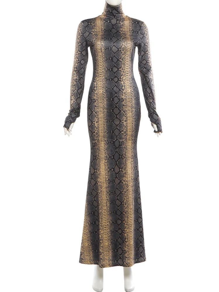 Nibber Turtleneck Dress Woman Peach Hip Serpentine Print Full Sleeve Skinny Midnight Club Party Hipster Sexy Fashion Bodycon