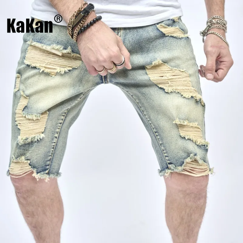 Kakan - European and American New Product Men's Half Slim Fit Small Feet Scratched Jeans Trendy Youth Perforated Shorts Jeans