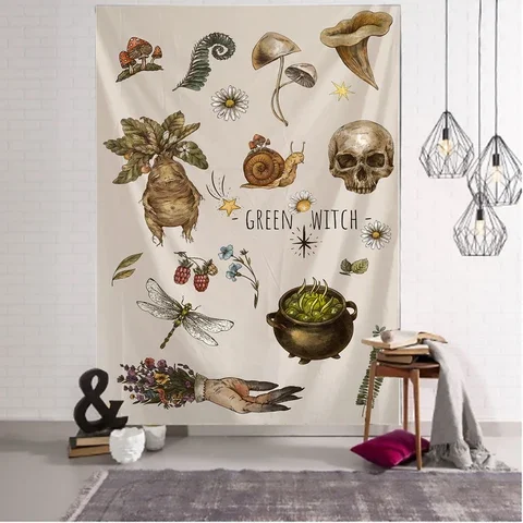 

Head Skull Plant Illustration Tapestry Wall Hanging Psychedelic Witchcraft Aesthetics Room Tapiz Hippie Home Decor