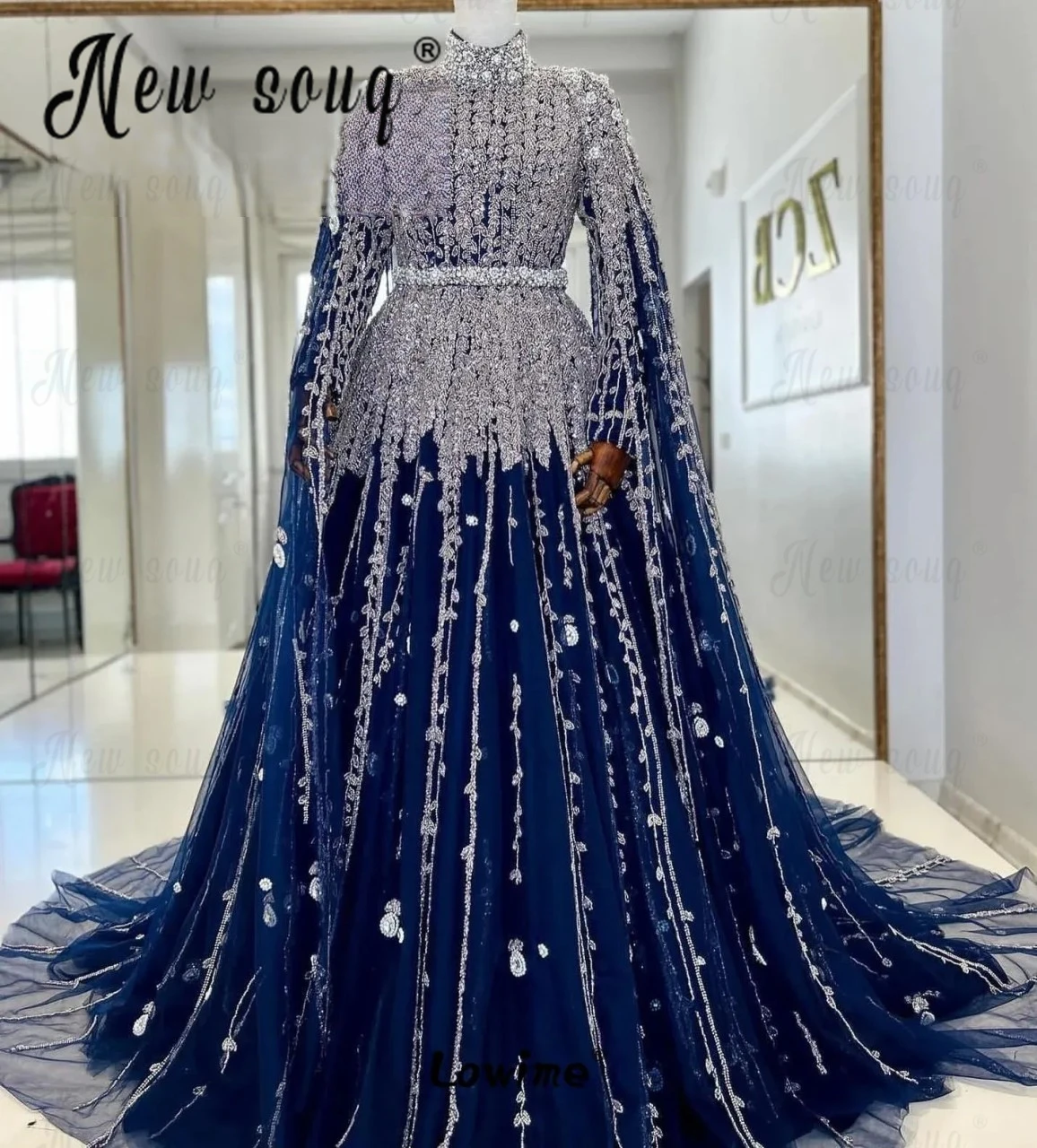 Abendkleider Navy Blue Dubai Bridal Gown With Cape Sleeves Tulle Beads  Sequin Muslim Saudi Arabic Women Wedding Dress Customized - AliExpress 320