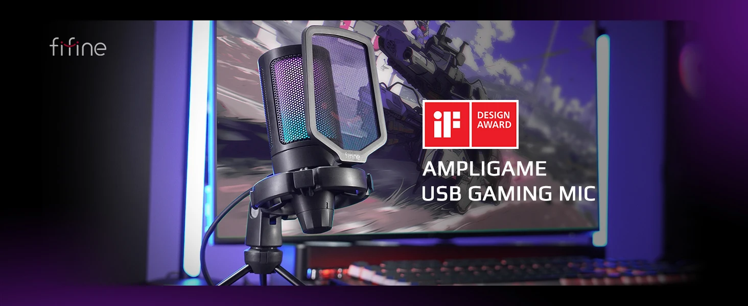 FIFINE A6V RGB USB Gaming Microphone for PC, Streaming Condenser Mic with Pop Filter, Shock Mount, Gain Control, Plug & Play