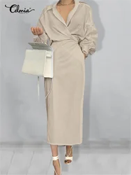 Women Maxi Dress Celmia 2023 Autumn Elegant Lapel Long Lantern Sleeve Shirt Dresses Fashion Bandage Thin Solid Ladies Party Robe