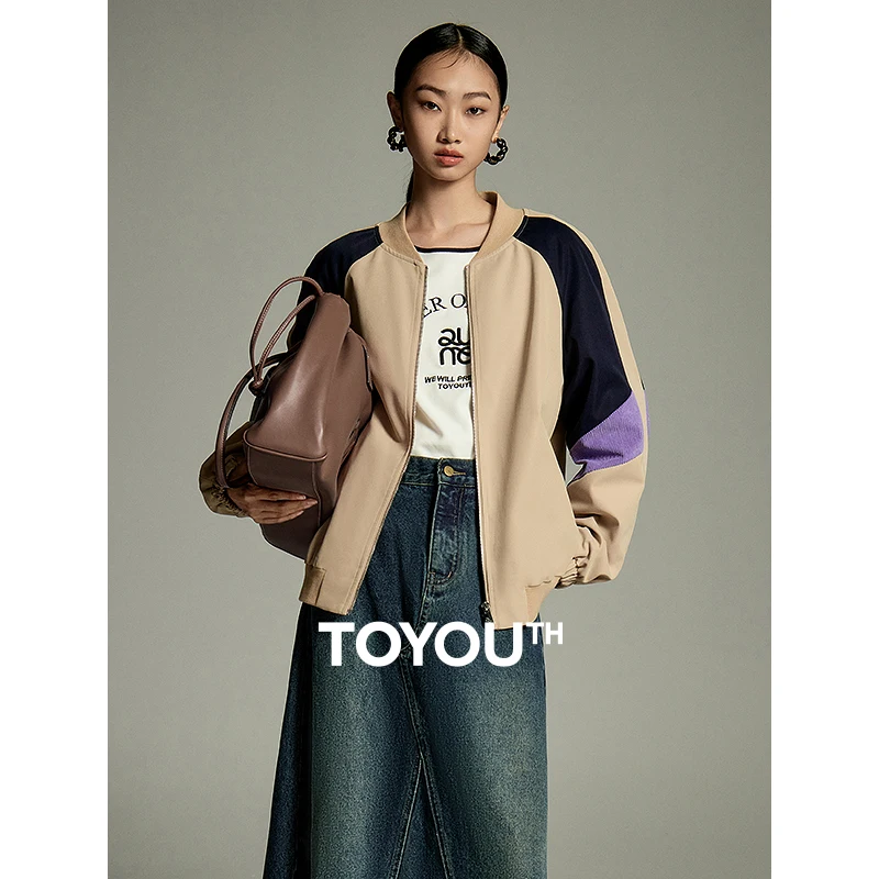 

Toyouth Women Plush Baseball Jacket 2023 Winter Contrast Raglan Sleeve Loose Coat Different Material Splicing Fashion Outwear