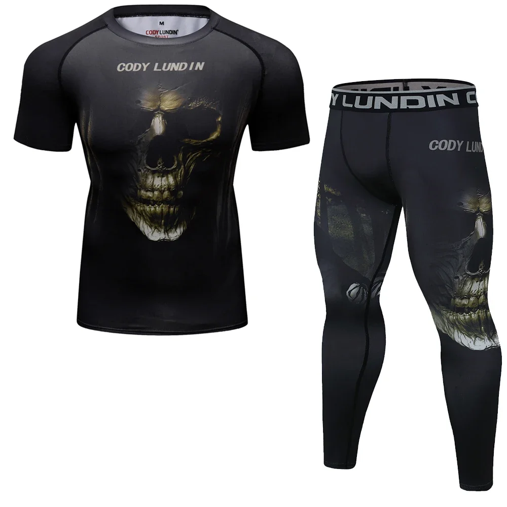 Skull MMA Rashguard Jiu Jitsu Jerseys+Pant Set Men MMA Thair T-shirt Shorts BJJ Boxing 4Pcs/Set Rash Guard Fightwear Sportswear