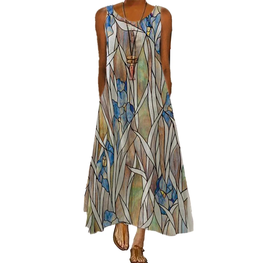 

Casual Women's Long Maxi Dress O Neck Summer Beach Style Printed A Line Retro Design Sleeveless for Comfort and Ease