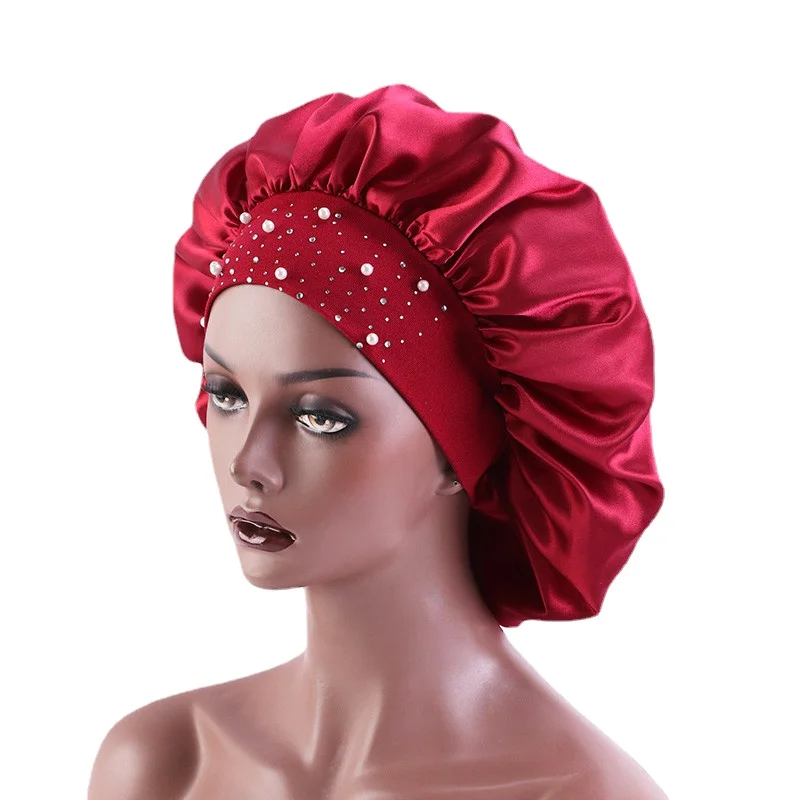 High-quality Silky Bonnet Elastic Wide Band Women Satin Bonnet Beaded Sleeping Cap Adult Night Protection Hair Hat Head Wra 2