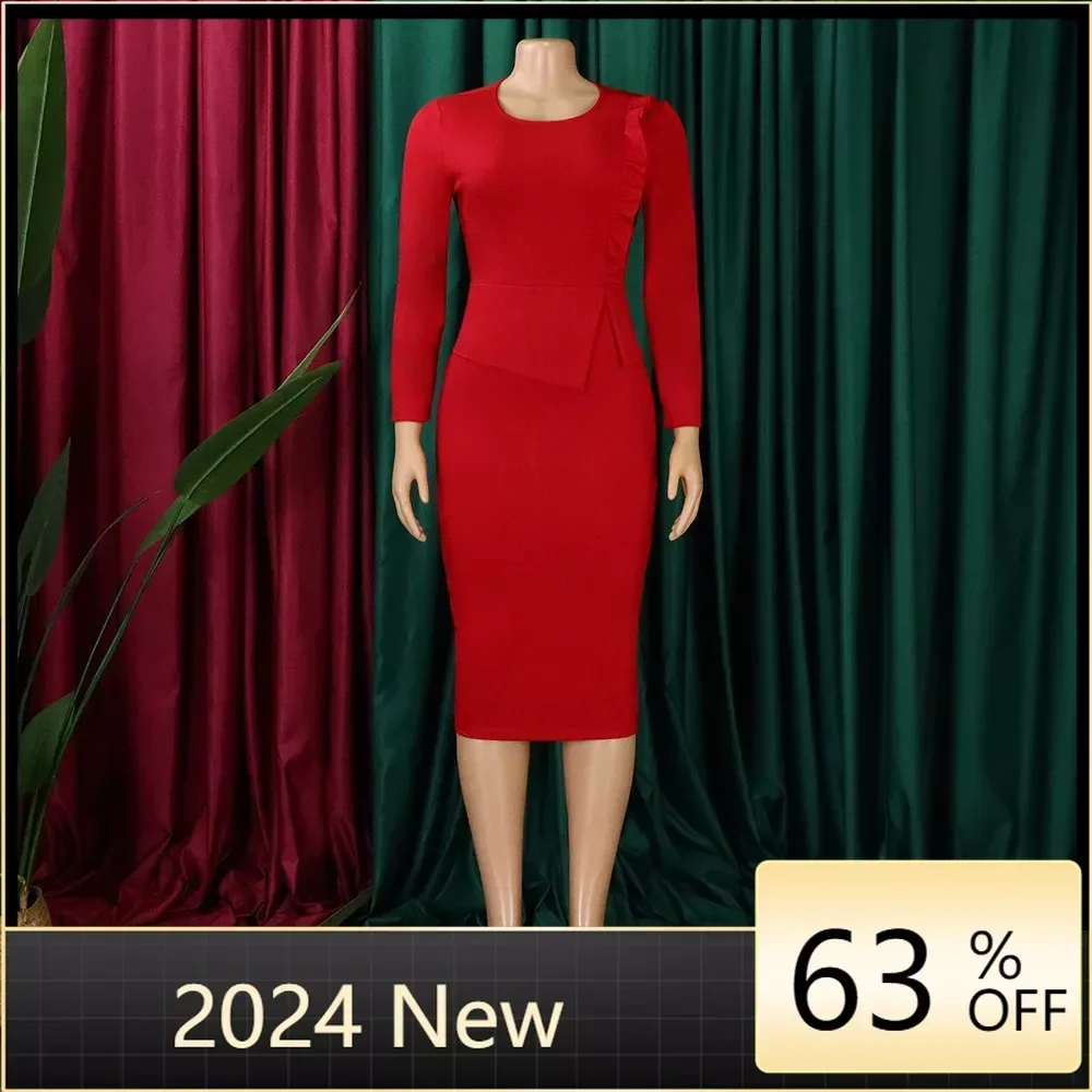 

2023 Fall New Style Casual Women O Neck Solid Color Career Dress Front Ruffle Elegance Peplum Office Wear Dresses