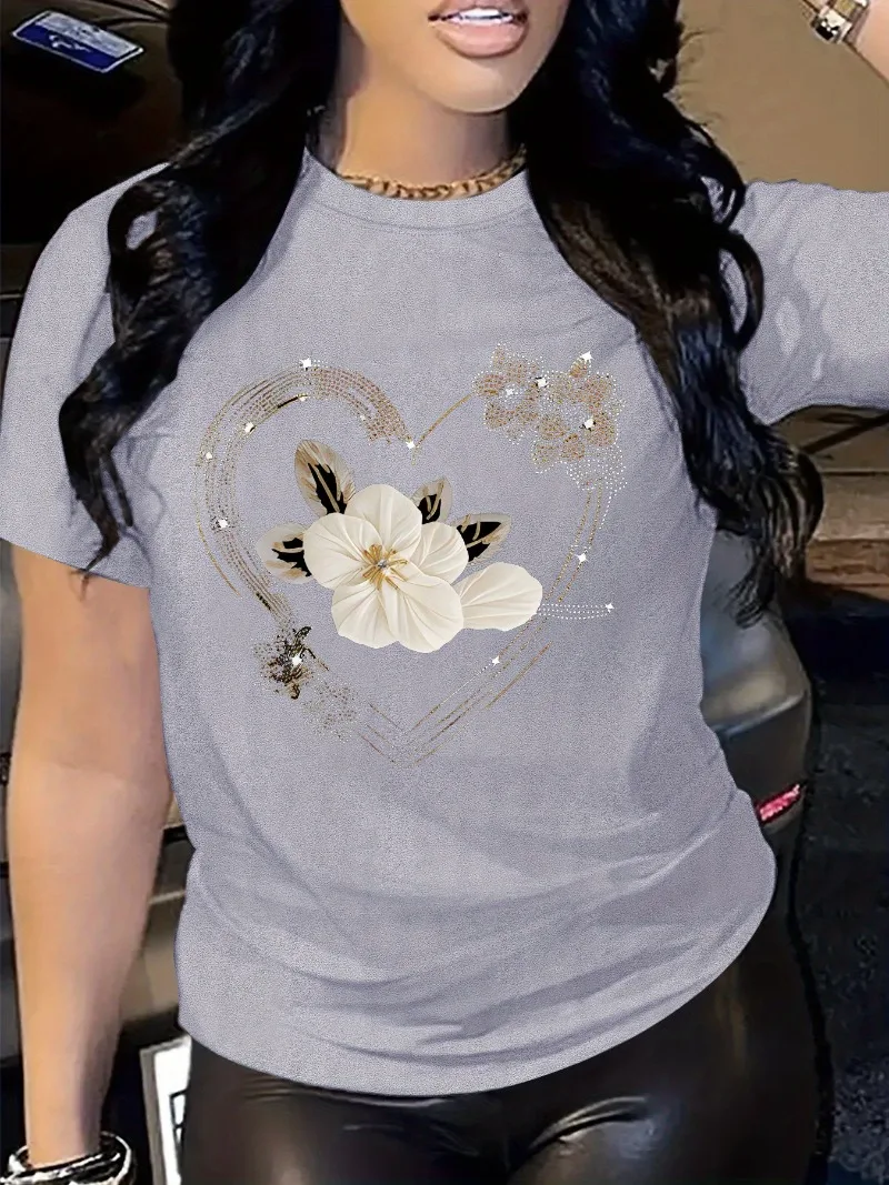 Women's Casual Short Sleeve T-Shirt Comfort Fit with Heart Floral Print Simple Design Showing Natural And Elegant Style Sa47ecc0e4f7d453f90504c00e3dce8bdn