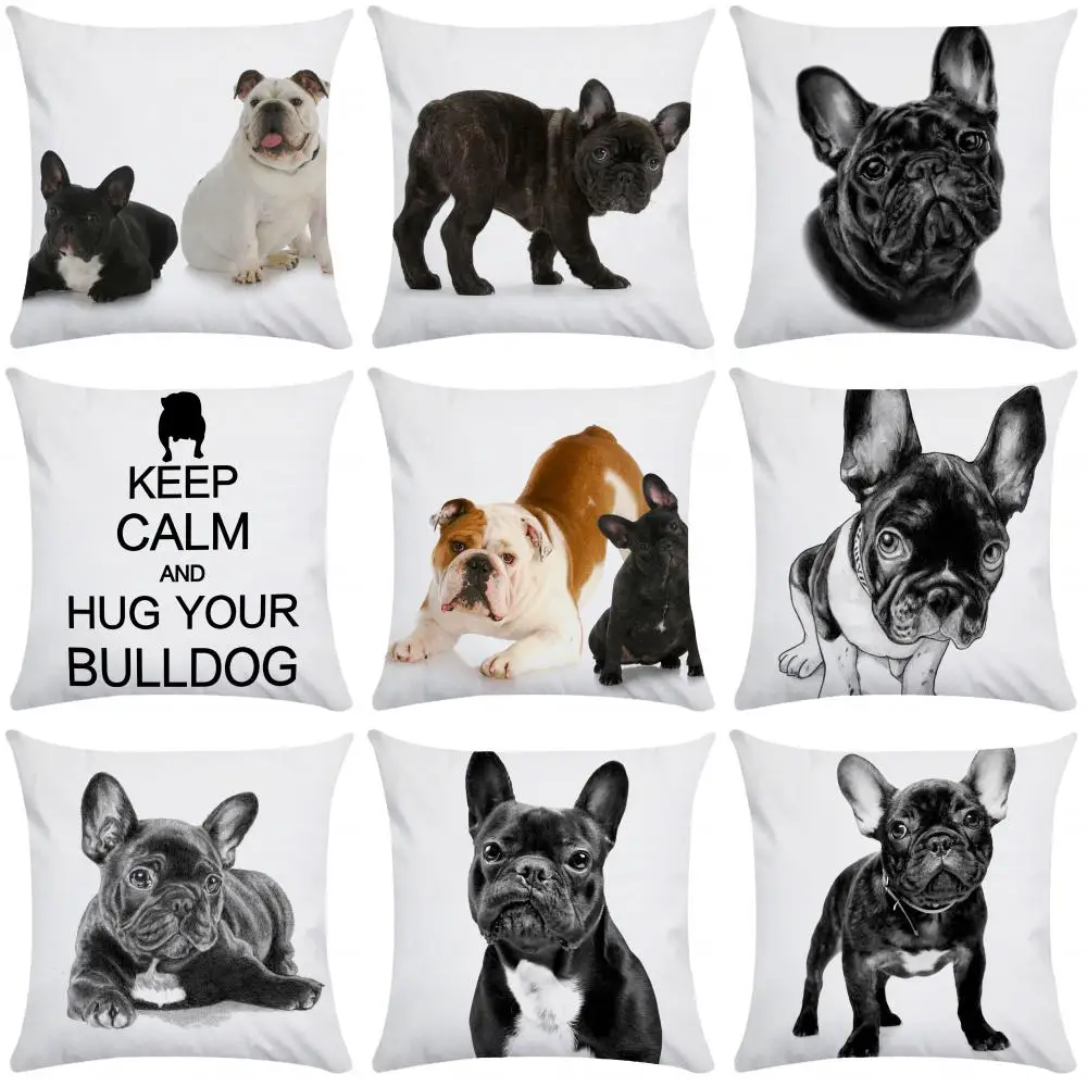 Federa Cuscino Quadrata 45x45 Cm In Cotone E Lino Con Bulldog Francese E Carlino - Per Divano E Auto