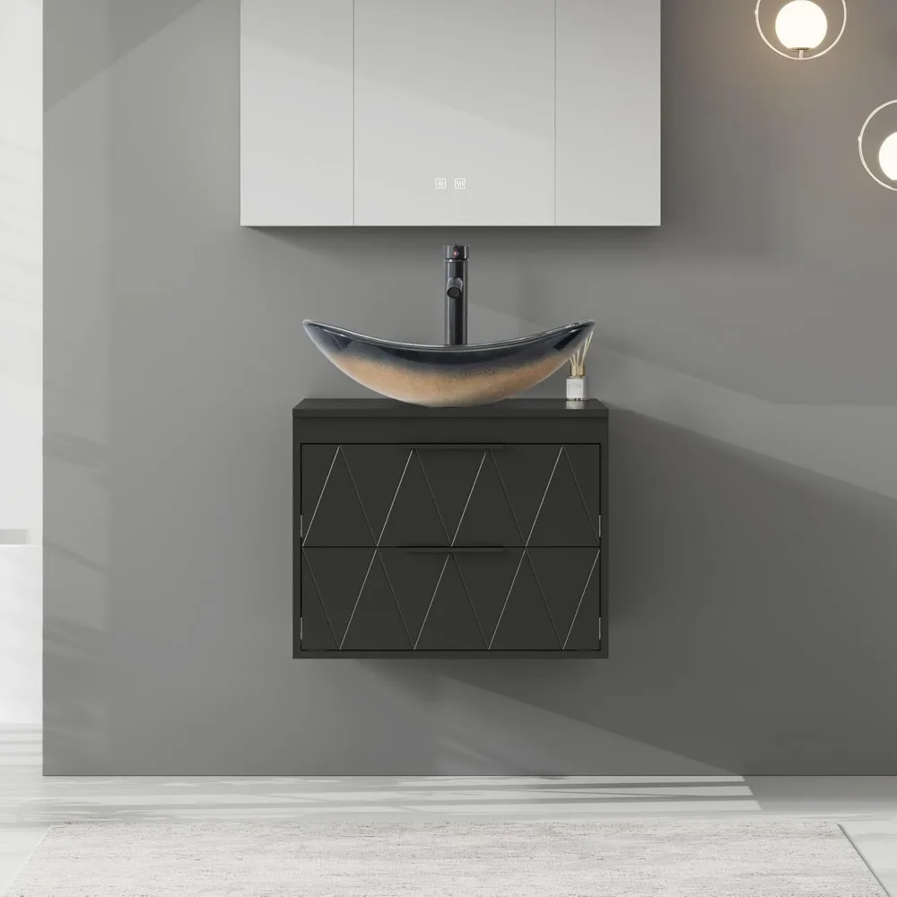 24" Bathroom Vanities Cabinet with Sink Combo, Wall Mounted Floating Cabinet , Champagne Boat Tempered Glass Vessel Sink 3