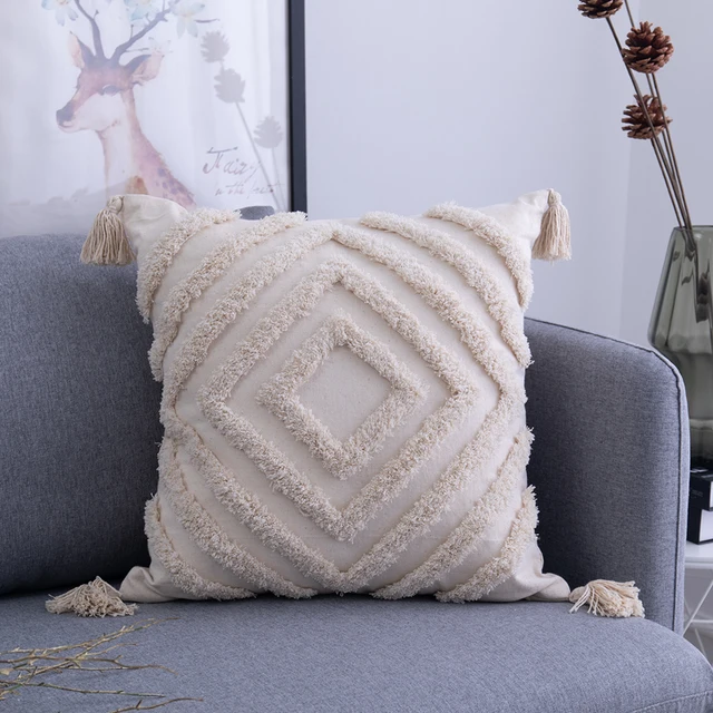 Simple Tufted Cushion Cover Geometric Rhombus Wave Big Tassel Pillowcase Hand-tufted and Crocheted Decorative Sofa Pillow Cover D-45x45cm pillowcase
