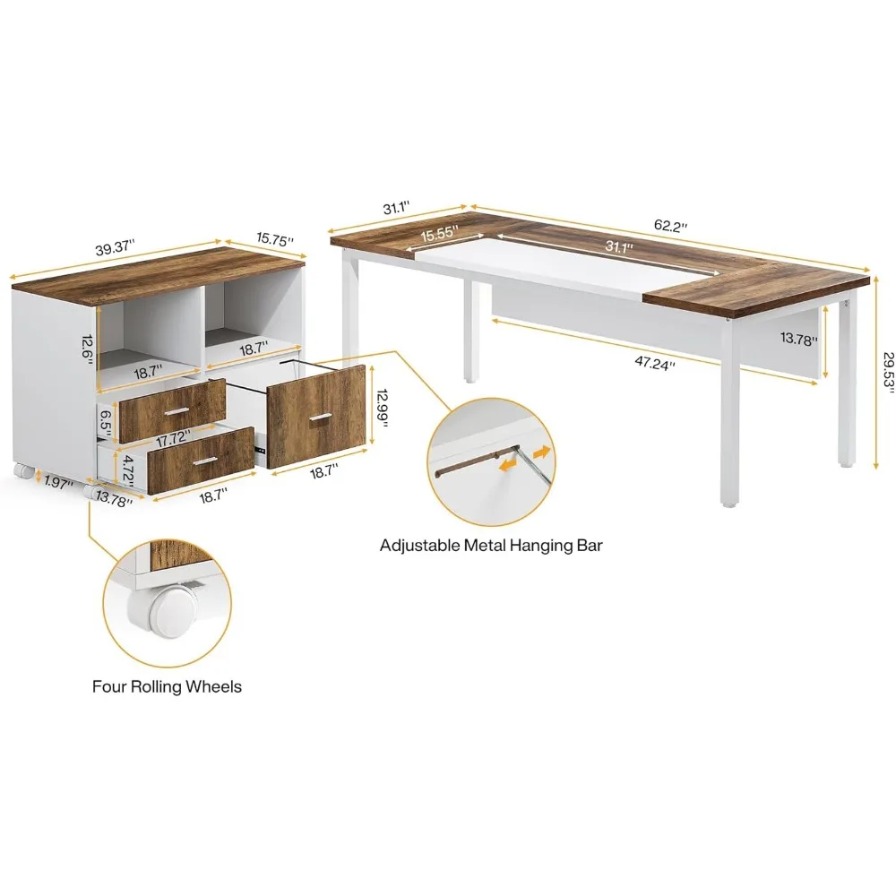 Computer Desk L Shaped Drawer Cabinet 63" Executive Computer Desk lateral File Cabinet 2 Piece Home Office Furniture
