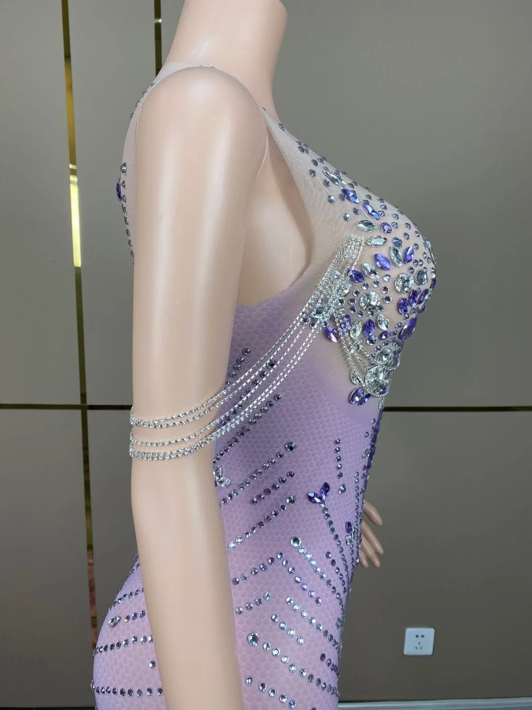 여성용 섹시한 탄성 메쉬 원근법 크리스탈 다이아몬드 원피스 깃털 꼬리 무대 공연 코스튬, 호스트 모델 이브닝 원피스