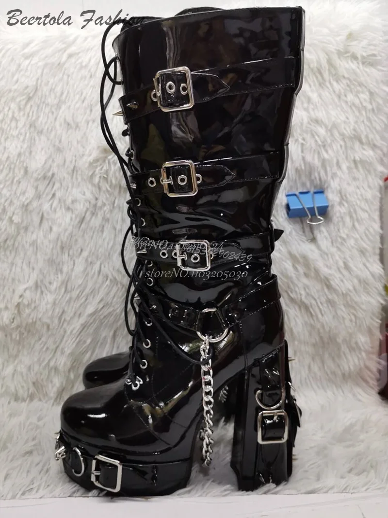Belt Buckle Black Platform Chunky Heel Dark Boots Knee Woman Cross