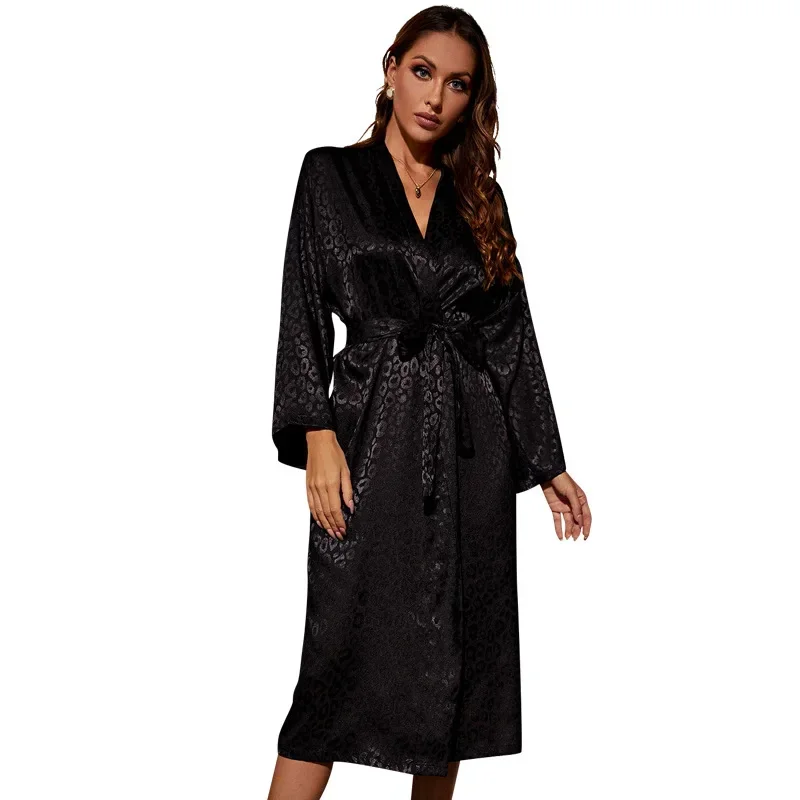 New Female Robe Black Print Leopard Kimono Bathrobe Gown with Belt Sexy V-Neck Nightgown Sleepwear Loose Silk Satin Home Dress