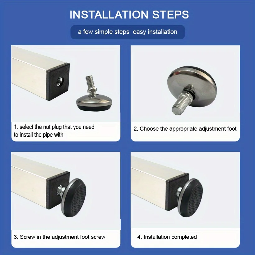 25mm furniture pipe end caps with M8 *13*40 stainless steel swing adjustment feet, 25mm square PE pipes inserted into nut plugs