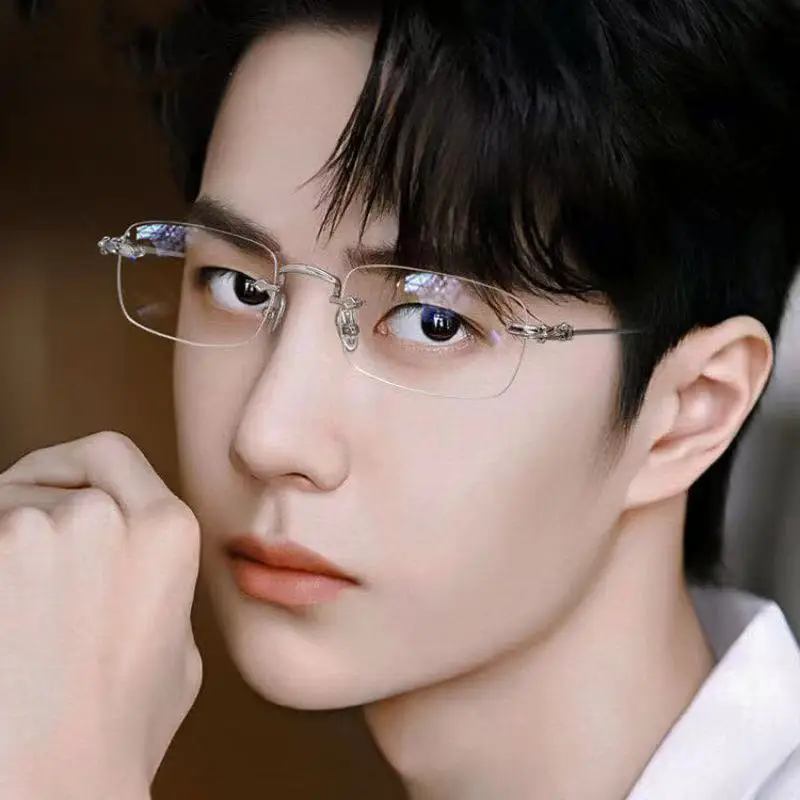 

New Frameless Myopia Finished Product Glasses Men's Mesh Red Same Style Sven Student Cut Border Blue Ray Plain Glasses Glasses F