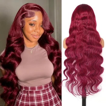 13x6 Body Wave Burgundy 99J Lace Front Human Hair Wigs Pre Plucked 180% Wine Red Lace Wigs For Women Colored Remy Wigs Body Wave
