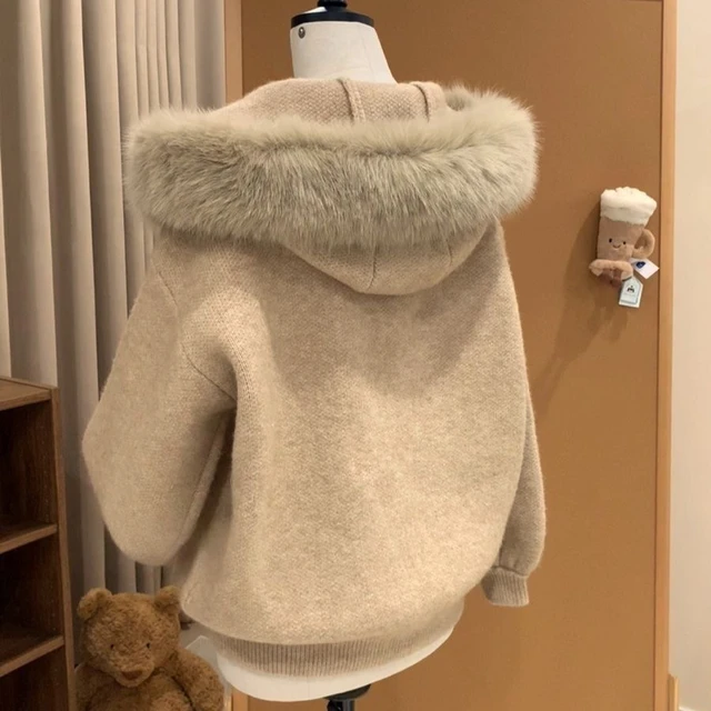 Autumn New American Simple Style Large Fur Collar Hoodies Women Cardigan Casual Baggy Y2K Harajuku Coat Fashion Retro Sweater 1