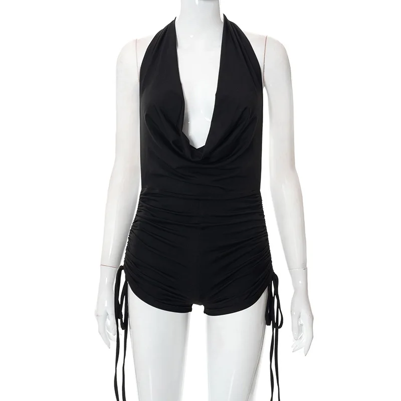 BKLD Women Clothing New Solid Color Sleeveless Sexy Halter Deep V Drawstring Casual Shorts Jumpsuit Black Rompers Playsuits