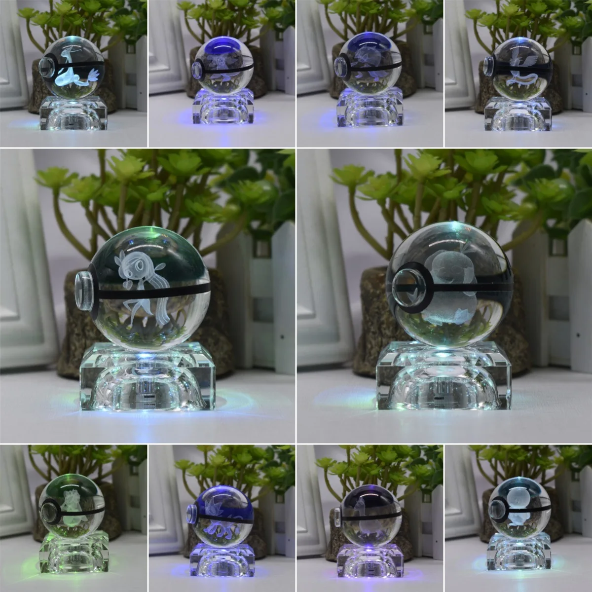 

Anime Pokemon 3D Crystal Ball Bulbasaur Figure Pokeball Engraving Crystal Charizard Model with LED Light Base Boys Gifts