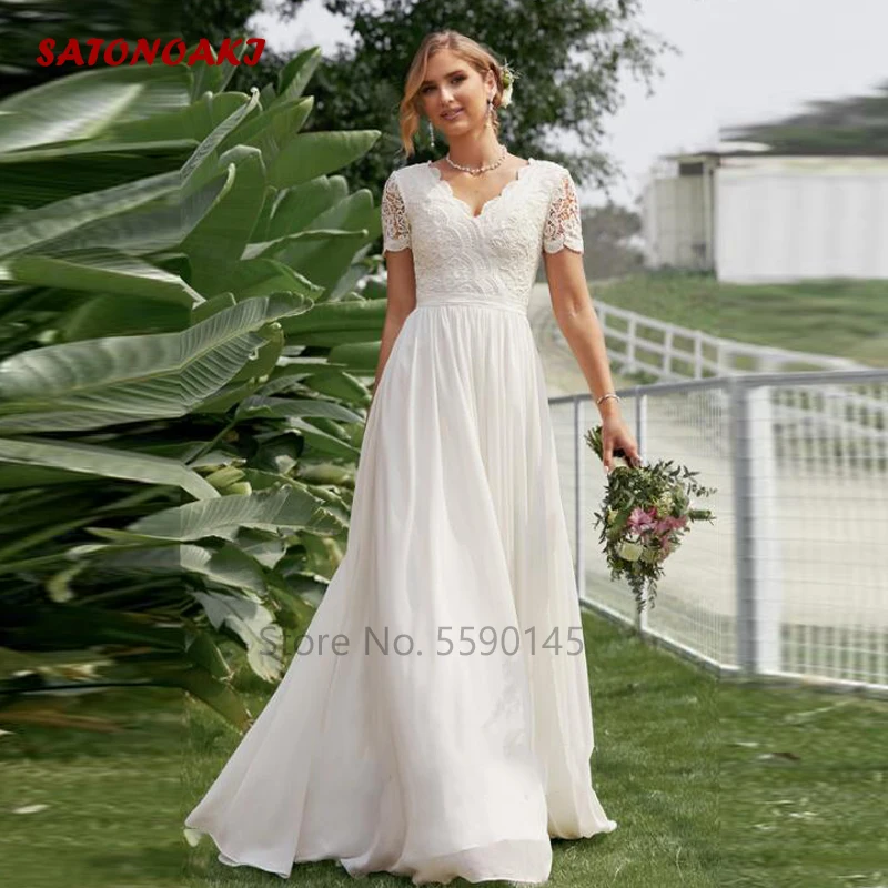 Vestidos De Novia Simple Elegant Chiffon Lace Wedding Dress 2023 for Women Short Sleeve V-neck Princesa Bridal Gown Robe Mariée