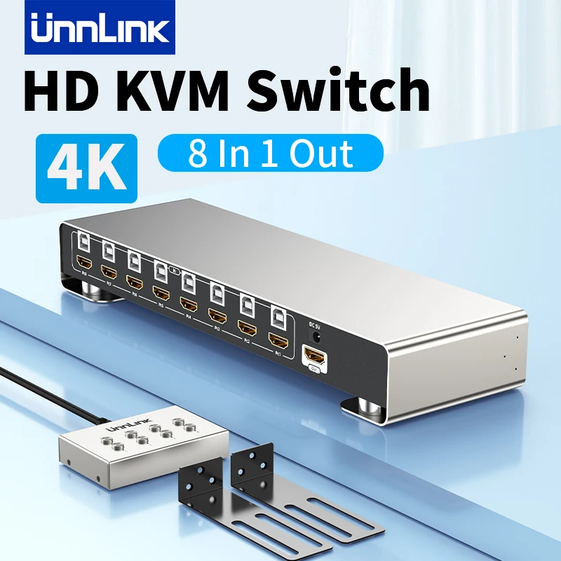 Unnlink 4K HDMI KVM переключатель 8 в 1 выход видеопереключатель 8 портов 8 хост Share 1 монитор 4 USB Мышь Клавиатура принтер с удлинителем