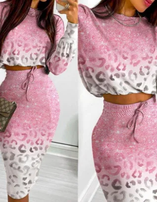 Женский комплект из 2 предметов с юбкой и градиентным принтом, короткий топ с длинным рукавом и ложным воротником и юбка миди с высокой талией и кулиской